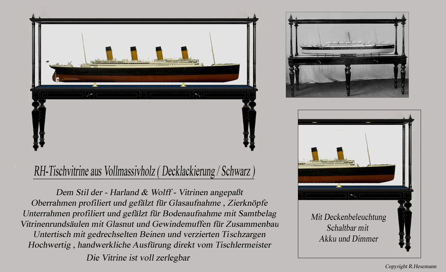 RH-Tischvitrine aus Vollmassivholz, schwarz lackiert, im Stil der Harland-&-Wolff-Werftvitrinen, mit optionaler Deckenbeleuchtung