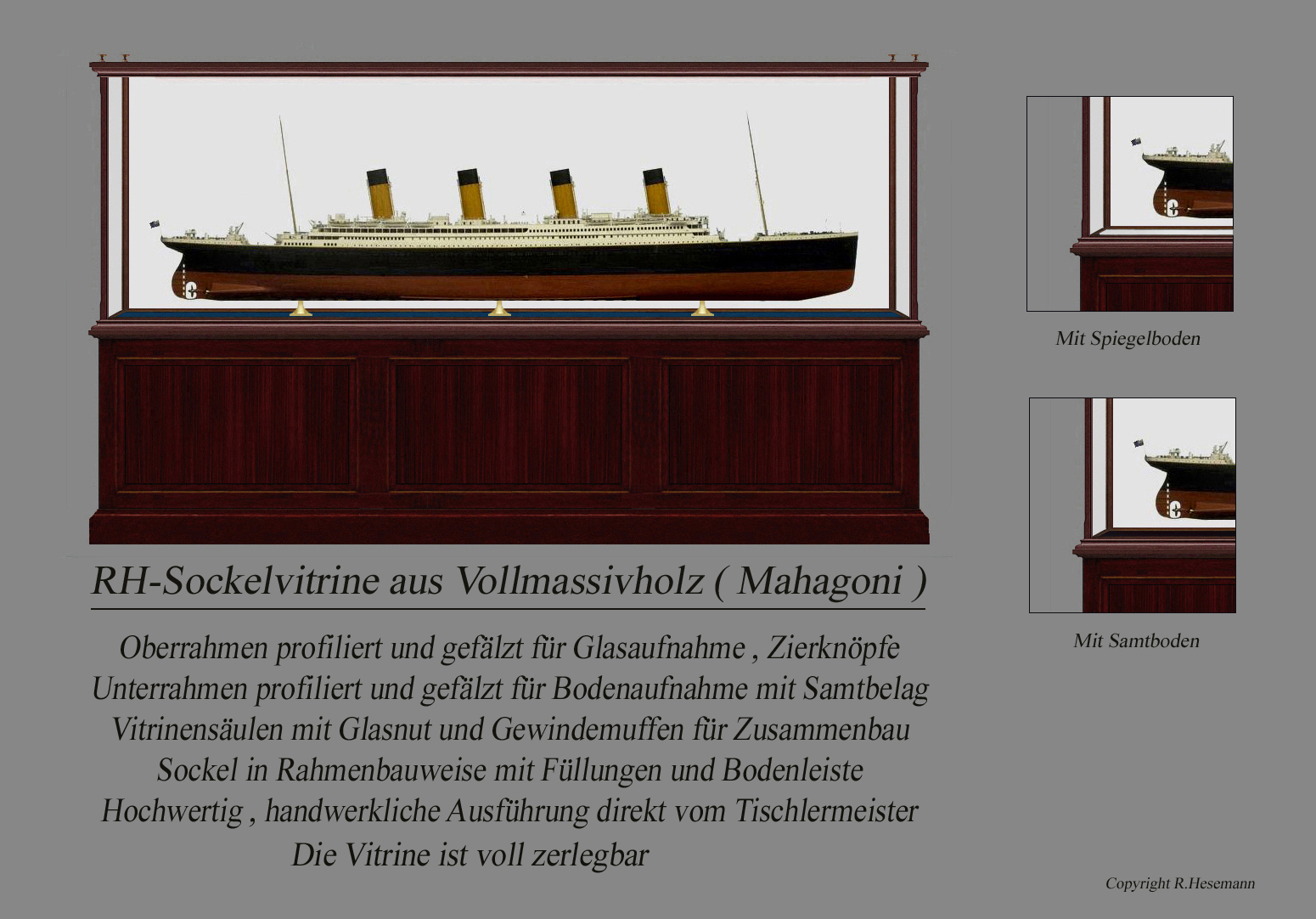 Titanic-Modell in maßgefertigter Edelholz-Sockelvitrine mit Beleuchtung